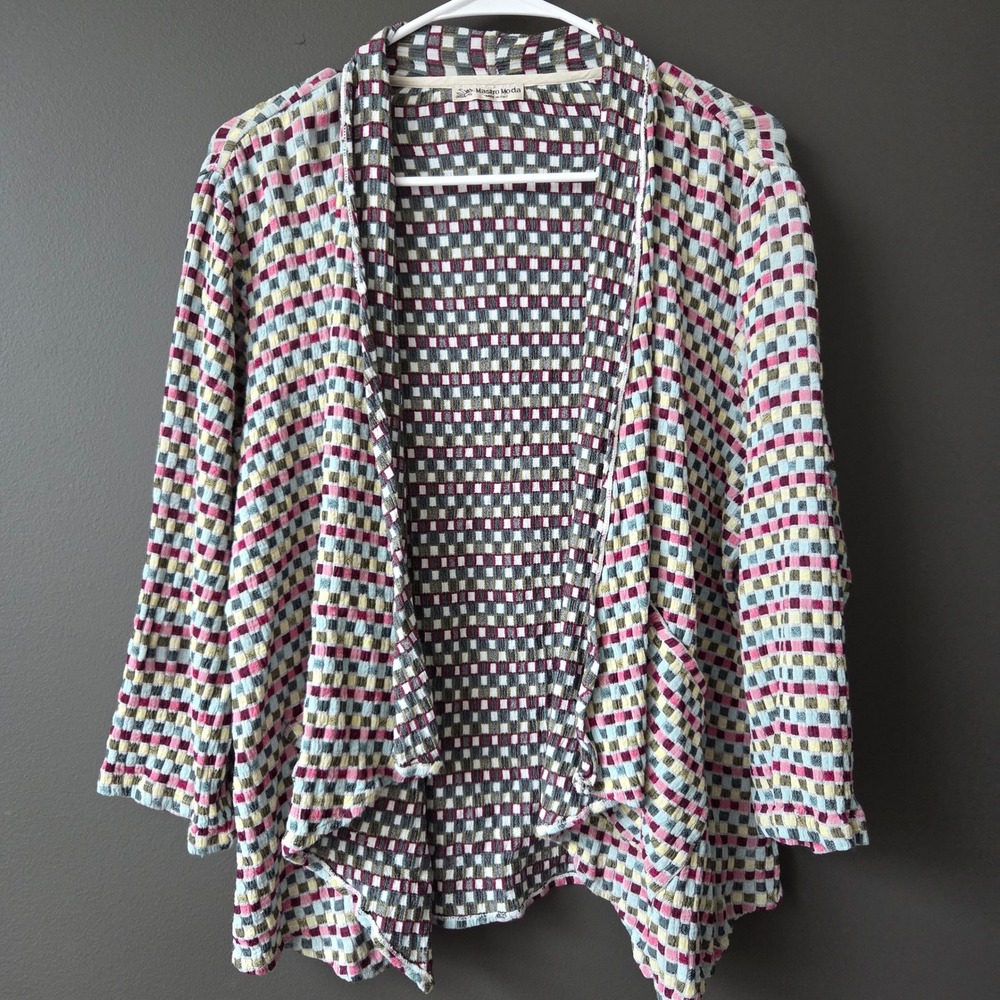 Mastro Moda Made in Italy Cotton Open Front Textured Check Knit Cardigan Sweater